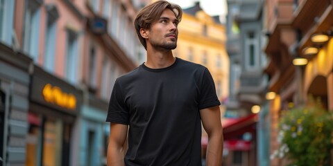 Male Model Wearing A Black Tshirt On City Street For Design Mockup. Сoncept Urban Fashion Shoot, Minimalist Style, Streetwear Inspiration, Modern City Vibes