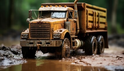 Dump truck in the forest on a rainy day