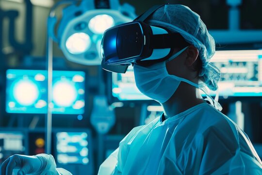 Surgeon in VR headset in an operating room. Virtual reality, augmented reality concept. VR / AR metaverse simulation. Medical training and future medicine 