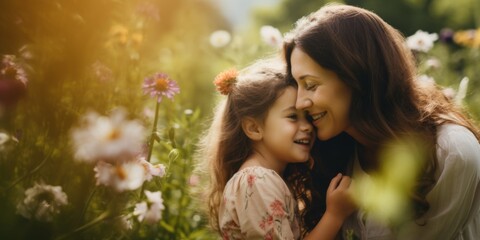 Mother And Daughter Embrace In A Sunny Garden, Radiating Love And Joy. Сoncept Garden Love, Mother-Daughter Bond, Sunny Embrace, Radiating Joy