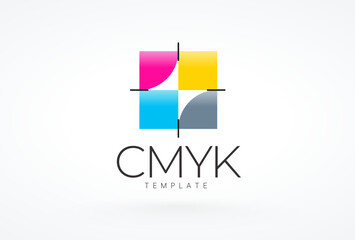 Logo CMYK squares palette color. Abstract test control scales Print theme. Template design vector. White background