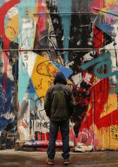 A vibrant display of self-expression captured in the modern street art of a person standing before a colorful graffiti wall, adorned in striking clothing and footwear, surrounded by bold murals and i