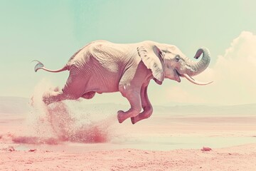 An awe-inspiring indian elephant defies gravity, soaring through the open sky with its majestic tusks, showcasing the wild beauty of these incredible creatures - obrazy, fototapety, plakaty