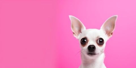 Startled Chihuahua Gazes Left Against Vibrant Pink Background Ample Room For Text. Сoncept Startled Chihuahua, Vibrant Pink Background, Ample Room For Text