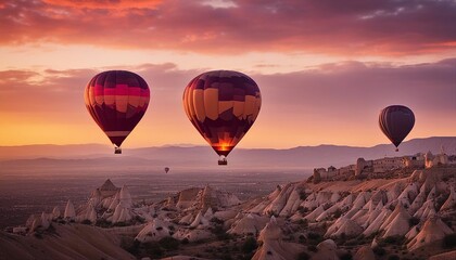 dozens of hot air balloon tours in Cappadocia, Turkey. warm and pink sunset vibe
