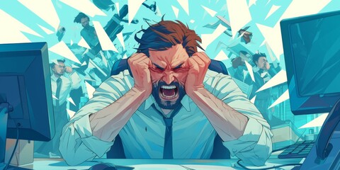 Stressed Office Environment Fuels Destructive Behavior And Unstable Mental Health In Comicstyle Poster Design. Сoncept Mental Health Advocacy, Office Stress, Destructive Behavior - obrazy, fototapety, plakaty