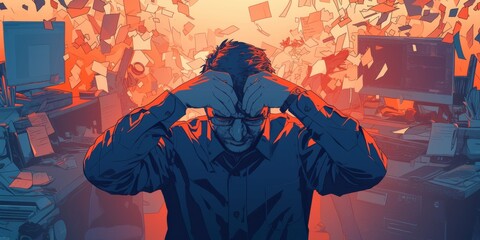 Comic-Style Poster Design Illustrates How Stressed Office Environment Impacts Mental Health And Encourages Destructive Behavior - obrazy, fototapety, plakaty