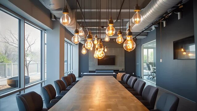 Dramatic and industrial exposed bulb pendants hang above a long table creating a bold and unique lighting feature in this trendy office.
