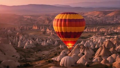 dozens of hot air balloon tours in Cappadocia, Turkey. warm and pink sunset vibe
 - obrazy, fototapety, plakaty