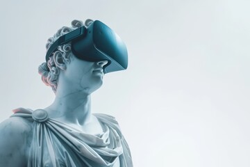 Marble sculpture with VR goggles on white background. Virtual reality, augmented reality concept. VR / AR metaverse simulation. Modern art and technology concept. Design for banner with copy space - obrazy, fototapety, plakaty