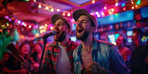 Two Enthusiastic Young Men In Casual Attire Sing Into A Microphone At A Lively Karaoke Bar, Expressing Joy And Celebration