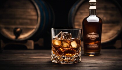 empty whiskey bottle and whiskey glass on a wooden whiskey barrel; isolated in dark background
