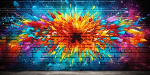 Colorful Backdrop: Graffiti-Adorned Brick Wall Comes Alive With Vibrant Paint Splashes. Сoncept Night Sky Photography, Nature Landscape Shoots, Urban Architecture, Candid Street Portraits