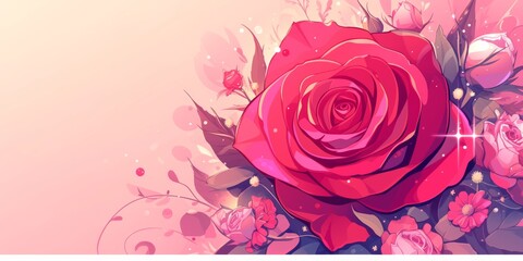 Comic-Style Poster Design With Vibrant Pink Rose And Space For Wedding Or Holiday-Themed Cards. Сoncept Elegant Wedding Invitations, Festive Holiday Cards, Vibrant Rose Design, Comic-Style Poster