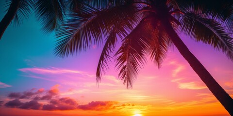 Captivating Sunset Sky Illuminated By Bokeh Lights, Showcasing A Striking Silhouette Of A Lively Palm Tree. Сoncept Mesmerizing Night Sky Stargazing, Majestic Mountain Landscapes, Serene Beach Scenes