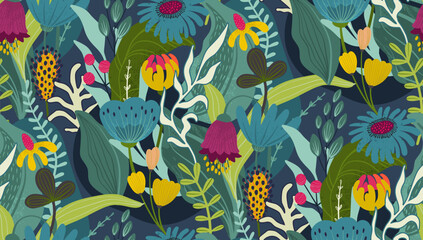 Vector seamless pattern with bright flowers and leaves. Endless floral background - obrazy, fototapety, plakaty