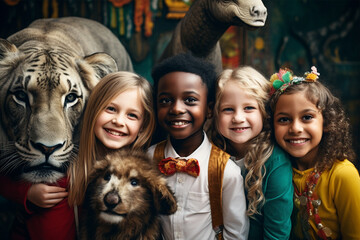 Portrait of a cheerful boy and girl of different nationalities with different animals in the zoo, selective focus - obrazy, fototapety, plakaty