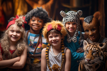Joyful boys and girls of different nationalities in children's animal costumes, selective focus