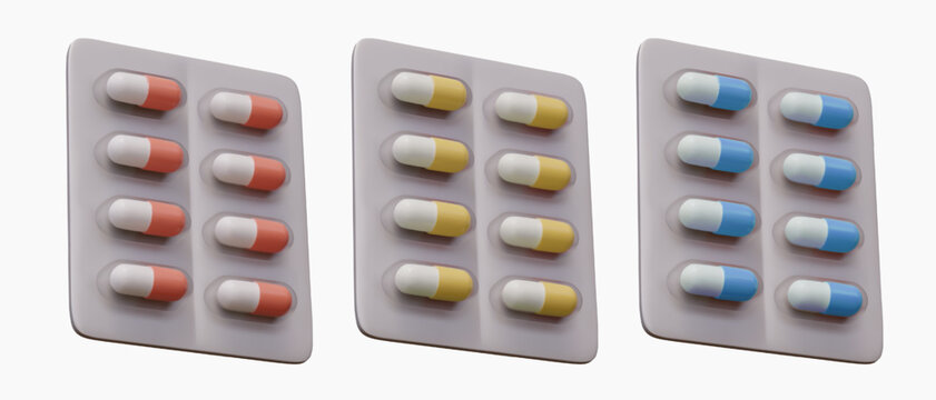 Set of realistic blisters with capsules of different colors. Medicines for various diseases