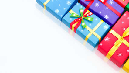Colorful Gifts On The Top Right Side Of White Glass Background for Christmas. 