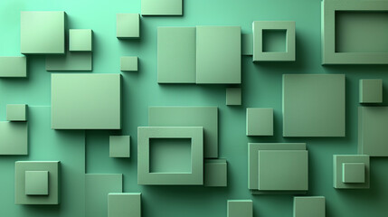 Fototapeta na wymiar Modern 3D Green Geometric Squares and Rectangles Wall Art, Abstract Minimalist Design for Home Decor or Wallpaper