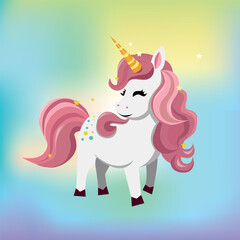 White unicorn vector head with mane and horn. Unicorn on starry background.