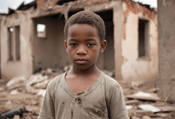 Sad African American boy stands in front of destroyed house