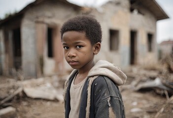 Sad African American boy stands in front of destroyed house