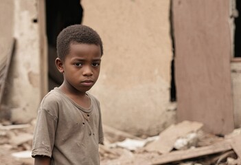 Sad African American boy stands in front of destroyed house