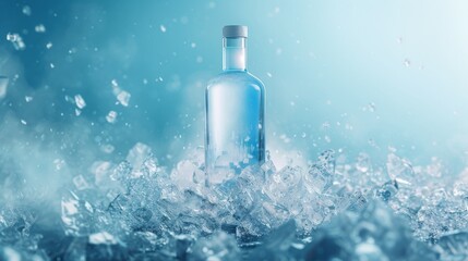 A crystal clear bottle of refreshing water sits atop a bed of glistening ice, quenching thirst and cooling the soul in the great outdoors - obrazy, fototapety, plakaty