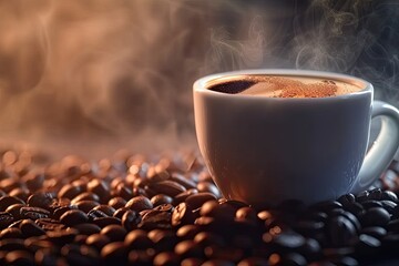 Closeup of warm cup of espresso on rustic wooden table showcasing rich aroma and steam of freshly brewed coffee with dark beans in background perfect for cozy morning break or breakfast