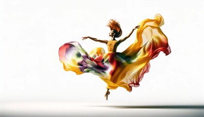 Ballet dancer mid-jump in a bright, long flowing dress on a white background, showcasing the grace and beauty of ballet