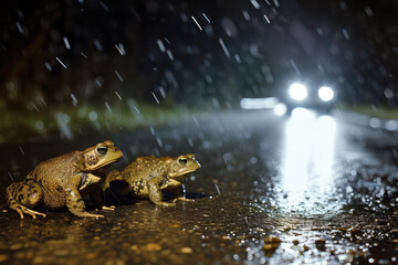 Toad migration. Two toads on a country road in rainy night - 726324510