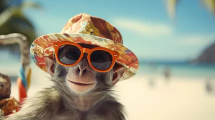 Poster Cute monkey in sunglasses and a bright hat. © SashaMagic