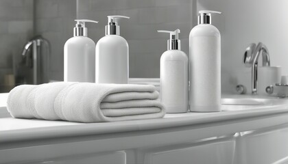 Fototapeta na wymiar hotel towels and shampoos, isolated white background 