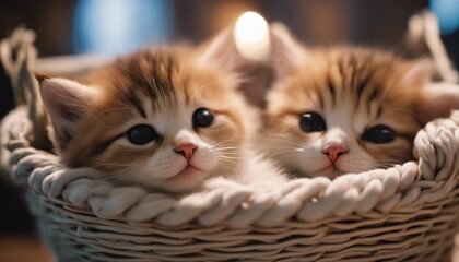 Fototapeta na wymiar kittens sleeping in a basket, blurry background 