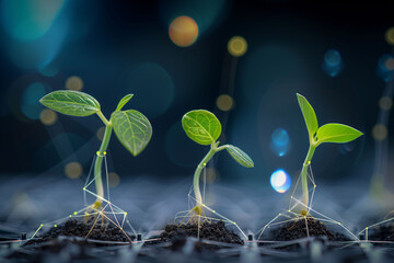 Young green plants emerge with digital connections, symbolizing technology's integration with natural growth and sustainability. - 726325791