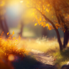 Naklejka na ściany i meble blurred background sunny autumn nature landscape. Generative AI.