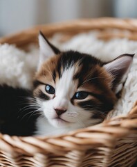 Obraz premium kittens sleeping in a basket, blurry background 
