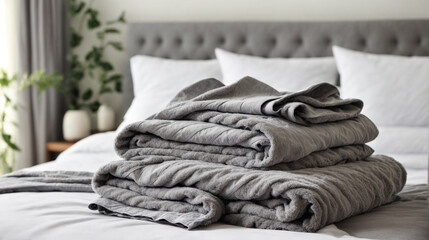 Grey folded terry towels lie on clean white bed. Cleaning in guest room of hotel, cleanliness, laundry - obrazy, fototapety, plakaty