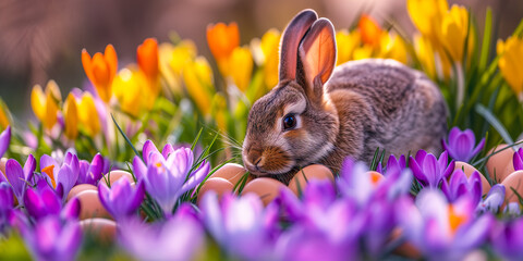 Easter bunny with egg on green grass and crocus flowers background. Purple and orange, yellow...