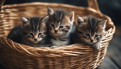kittens sleeping in a basket, blurry background
