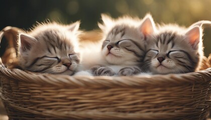 kittens sleeping in a basket, blurry background
