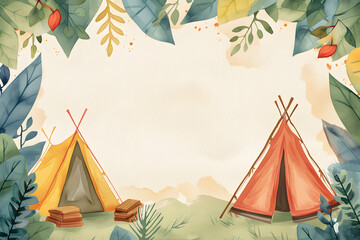  Cute cartoon camping frame border on background in watercolor style.