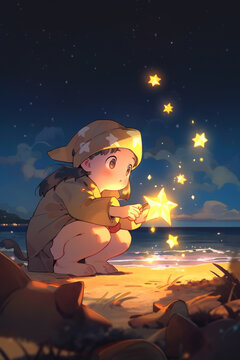 Loute little girl squatting by the beach, picking up stars.