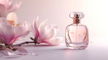Obraz na płótnie Canvas A delicate bottle of perfume sits beside a vibrant flower, emanating beauty and femininity within the comforting confines of an indoor oasis