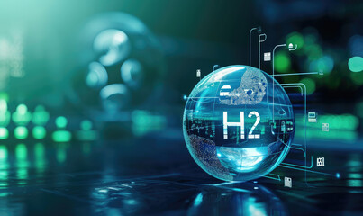 H2 hydrogen word in bubble on forest background, innovation hydrogen H2, zero emission technology. - obrazy, fototapety, plakaty