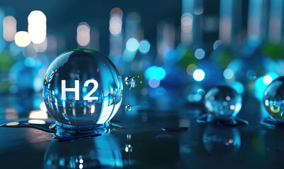 H2 hydrogen word in bubble on forest background, innovation hydrogen H2, zero emission technology.