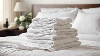 White folded terry towels lie on clean white bed. Cleaning in guest room of hotel, cleanliness, laundry - obrazy, fototapety, plakaty