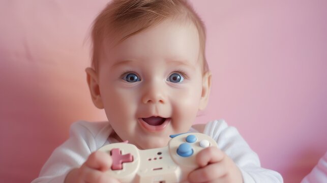 A curious toddler brushes his cheek against the controller as he mimics his older brother's gaming skills, while his mother watches on with a mixture of amusement and adoration